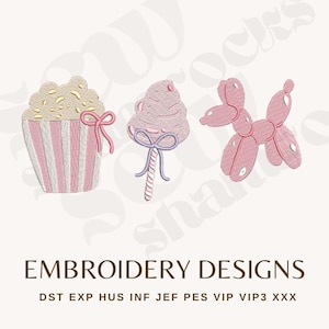 May include: Embroidery designs showing a popcorn container with pink and white stripes, a pink candy floss lollipop, and a pink balloon dog. The text "EMBROIDERY DESIGNS" is displayed below the images.