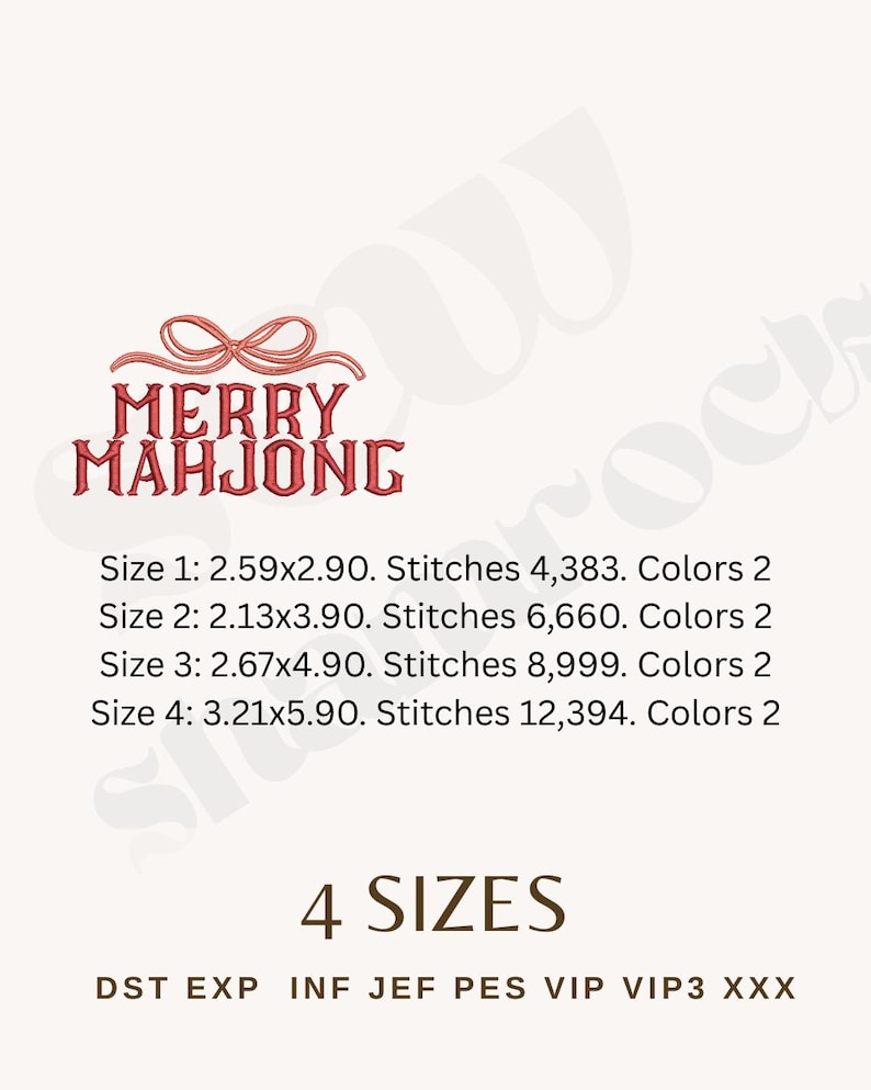 May include: A red embroidered design with the words "MERRY MAHJONG" and a bow. The image includes size details: 2.59x2.90 inches, 2.13x3.90 inches, 2.67x4.90 inches, and 3.21x5.90 inches. The image also shows the text "4 SIZES".
