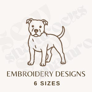 May include: A brown embroidered line art illustration of a standing dog with pointed ears and a curved tail. Below the dog, the text reads EMBROIDERY DESIGNS and 6 SIZES in brown capital letters. The design is centered on a light cream background.