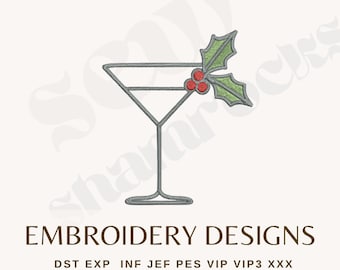 Holly Martini Embroidery Design – Christmas Cocktail, Pes, dst, exp File (Instant Download)