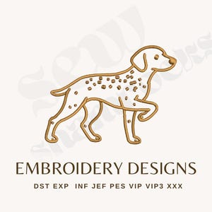 Puede incluir: Diseño de bordado de un perro dálmata dorado sobre fondo blanco. El perro tiene manchas marrones. El texto "EMBROIDERY DESIGNS" está debajo, con abreviaturas de tipos de archivo.