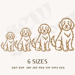 May include: Line art illustration of a dog in four different sizes, ranging from small to large. The dogs are light brown with white fill, sitting with their tails curled. The text "6 SIZES" is below the dogs, with file type abbreviations below.