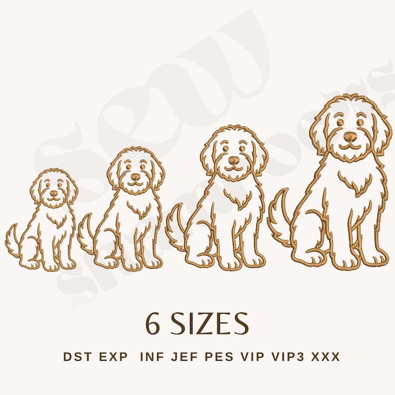May include: Line art illustration of a dog in four different sizes, ranging from small to large. The dogs are light brown with white fill, sitting with their tails curled. The text "6 SIZES" is below the dogs, with file type abbreviations below.