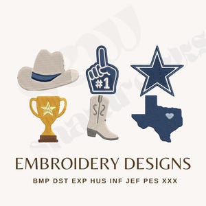 May include: A collection of six machine embroidery designs featuring a beige cowboy hat with a blue band, a blue foam finger with the text #1, a navy blue star, a gold trophy with a star, a beige cowboy boot, and a navy blue map of Texas with a heart.