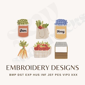 Borduurbestand Farmers Market Summer Series, machineborduurwerk boerderij, honing, jam, wortel, bessenmand Cape Cod Inspo