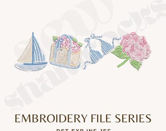 Hortensie Ostküste Sommer Stickdatei, 13x18 Maschinenstickerei mit Bootstasche, Hortensie, Segelboot, Bikini, Montauk Cape Cod Annapolis