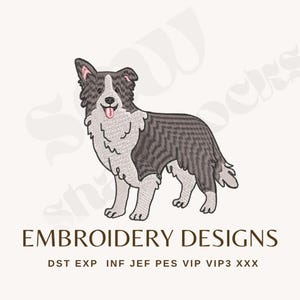 Könnte beinhalten: Ein Stickdesign mit einem Border Collie-Hund in Grau-, Weiß- und Rosatönen. Der Hund ist mit herausgestreckter Zunge dargestellt. Der Text "EMBROIDERY DESIGNS" befindet sich darunter, zusammen mit Dateityp-Abkürzungen.