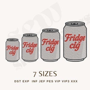 May include: Four gray beverage cans with the text "Fridge cig" in red. The cans vary in size, with the largest one on the right. The image also includes the text "7 SIZES" and various file format abbreviations.