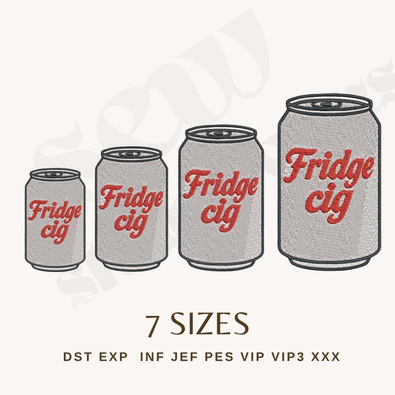 May include: Four gray beverage cans with the text "Fridge cig" in red. The cans vary in size, with the largest one on the right. The image also includes the text "7 SIZES" and various file format abbreviations.