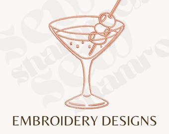 Olive Martini Cocktail Embroidery File -Mini Dirty Martini Embroidery - Martini Outline - 4 Sizes