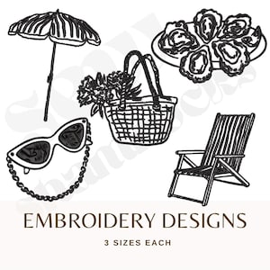 May include: Black and white embroidery designs featuring a beach umbrella, sunglasses with a chain, a picnic basket with flowers, a plate of oysters, and a folding beach chair. The text reads "EMBROIDERY DESIGNS" and "3 SIZES EACH."
