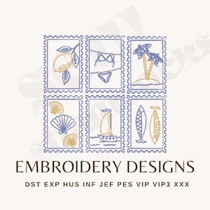 May include: Embroidery designs featuring summer-themed images within blue postage stamp frames. Designs include a lemon, bikini, palm tree, seashells, sailboat, and surfboards. The text "EMBROIDERY DESIGNS" is displayed below the images.