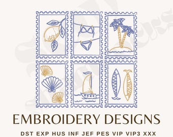 Coastal Summer Stamp Embroidery File: Bikini, Sailboat, Shells (Instant Download)