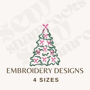 May include: An embroidered Christmas tree design with green outlines and pink bows. The text "EMBROIDERY DESIGNS" and "4 SIZES" are displayed in brown font below the tree. The design is on a cream-colored background.