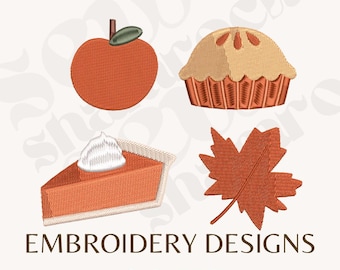 Simple Fall Minis Series Embroidery File, Machine Embroidery Apple, Pumpkin Pie Slice, Apple Pie, Falling Leaves, Thanksgiving Food Icons