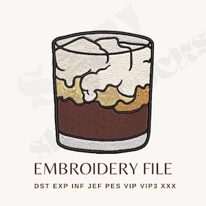 May include: Embroidered patch of a glass of whiskey with a layer of cream on top. The patch is white, brown, and beige.