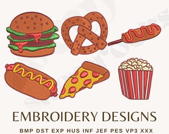 Mini Fast Food Icons Embroidery Design Set: Burger, Corndog, Hot Dog, Pizza, Popcorn, Pretzel Summer Fair Foods (Embroidery File)