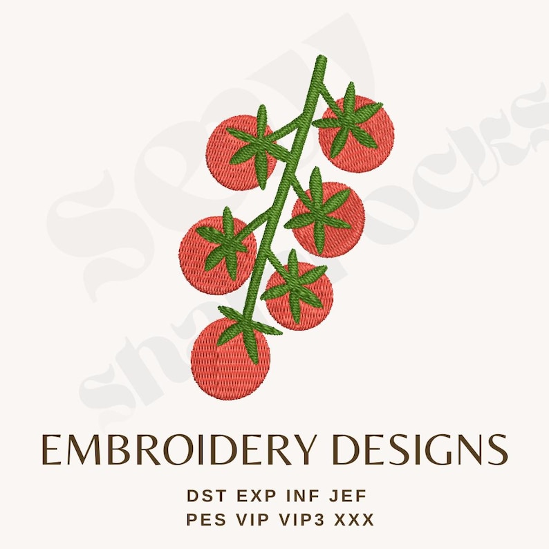 May include: An embroidery design featuring a cluster of red tomatoes with green stems and leaves. The text "EMBROIDERY DESIGNS" is displayed below the tomatoes, along with file format abbreviations.