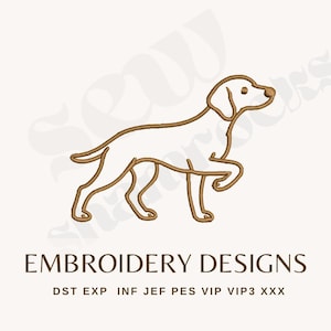 May include: A brown outline illustration of a dog in a walking stance. The text "EMBROIDERY DESIGNS" is below the dog, with file format abbreviations below that.