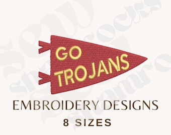 Archivo de bordado Go Trojans - Diseño de bordado a máquina de banderín deportivo - Varios tamaños y formatos