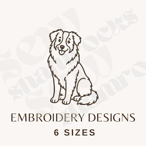 May include: A line drawing of a dog with a fluffy coat, sitting and smiling. The text "EMBROIDERY DESIGNS" and "6 SIZES" is below the dog. The image is in shades of brown and white.