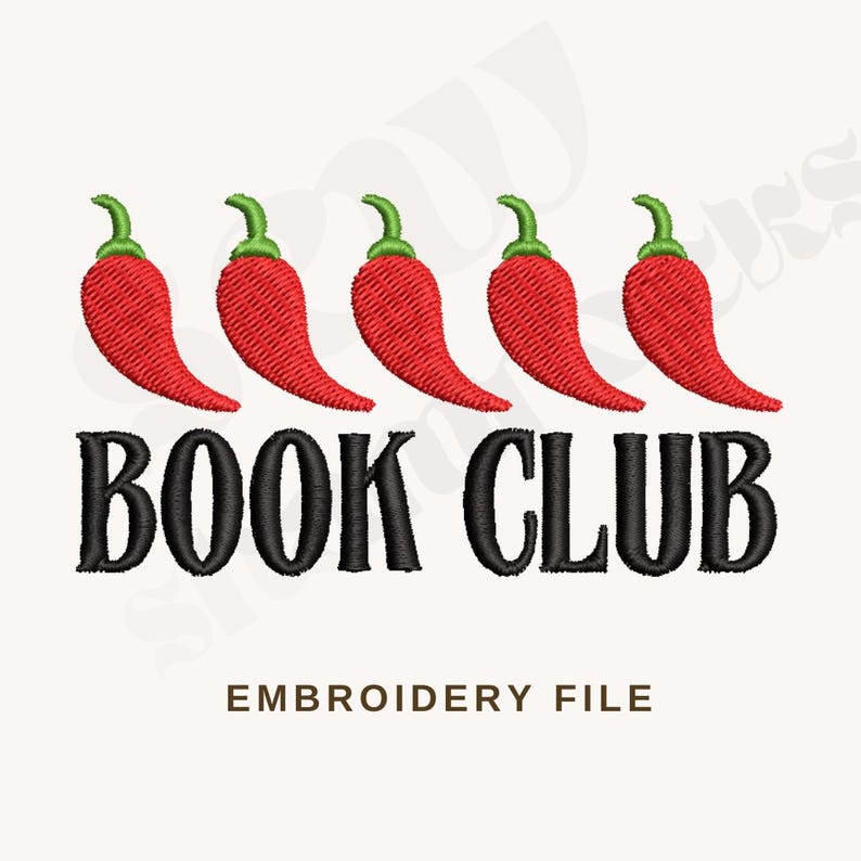 以下が含まれることがあります： 赤い唐辛子が5つ並んでおり、その下に黒い文字で「BOOK CLUB」と書かれています。刺繍ファイルです。
