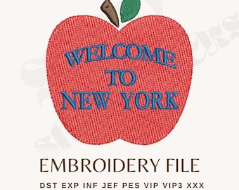 May include: Red apple with a green leaf on top. The apple has blue embroidery that says "Welcome to New York".