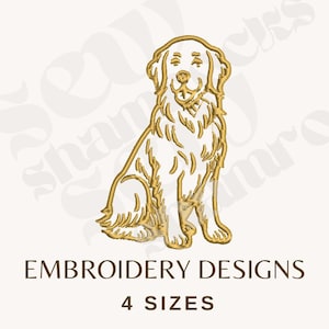 May include: A golden retriever embroidery design in a sitting position. The dog is outlined in gold thread, with detailed fur and facial features. The text "EMBROIDERY DESIGNS" and "4 SIZES" are displayed in brown font below the dog.
