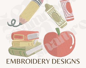 School Icon Series Embroidery File, Apple Crayon Books Pencil, Machine Embroidery, Teacher Embroidery, Back to School