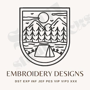 May include: Black and white line art design of a mountain landscape with a tent, trees, and a sun. The text "EMBROIDERY DESIGNS" is below the image, along with file format abbreviations.