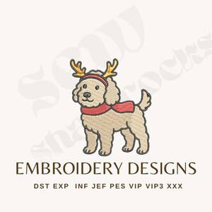 May include: An embroidered design of a tan dog wearing a red scarf and a headband with gold antlers. The text "EMBROIDERY DESIGNS" is below the dog, along with file type abbreviations.