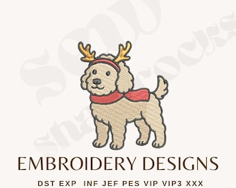 Könnte beinhalten: Gesticktes Design eines beigefarbenen Hundes mit rotem Schal und Stirnband mit goldenen Geweihen. Der Text "EMBROIDERY DESIGNS" steht darunter, zusammen mit Dateityp-Abkürzungen.