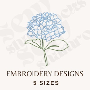 May include: A light blue embroidered hydrangea flower with green stem and leaves. The text "EMBROIDERY DESIGNS" and "5 SIZES" are in brown font below the flower. The background is a light beige color.