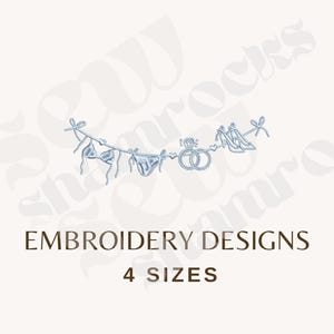 Könnte beinhalten: Hellblaues Stickdesign mit Bikini-Oberteil, Unterwäsche, Eheringen und High Heels an einer Leine. Der Text "EMBROIDERY DESIGNS" und "4 SIZES" befindet sich unter dem Design.