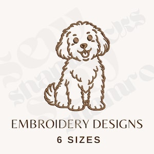 Può includere: Un disegno di ricamo marrone e bianco di un cane sorridente. Il cane è seduto con le zampe anteriori in avanti. Il testo "EMBROIDERY DESIGNS" e "6 SIZES" sono sotto il cane.