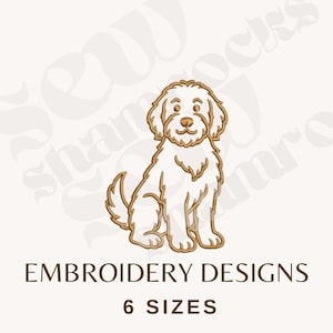 May include: An embroidered design of a seated dog with a fluffy coat, in shades of white and gold. The text "EMBROIDERY DESIGNS" and "6 SIZES" are displayed below the dog illustration.