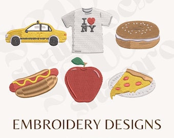 Disegno da ricamo con icone di New York: taxi, bagel, pizza, IloveNY, mela, hotdog (file da ricamo)