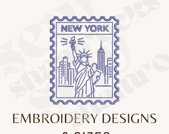 May include: A purple embroidery design shaped like a postage stamp featuring the Statue of Liberty and the New York City skyline. The text NEW YORK is printed at the top. Below the stamp, the text EMBROIDERY DESIGNS 2 SIZES is displayed.
