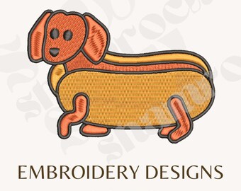 ホットドギー - ダックスフントの刺繍ファイル - ダックスフントのホットドッグの機械刺繍 - ホットドッグの刺繍ファイル - ウィニードッグ