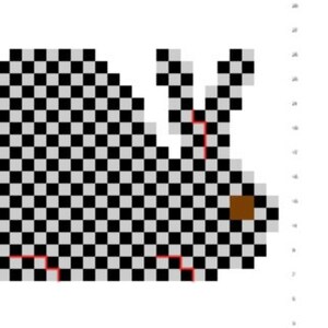 May include: Black and white checkered pattern with a brown and white rabbit silhouette. The rabbit has a brown nose and two white ears.