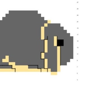 May include: A gray and yellow pixel art illustration of a small animal, possibly a hamster or a mouse, with a black eye.