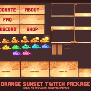 Cute Animated Sunset Twitch Package; Animated Screens; Overlays; Badges; Panels; Emotes