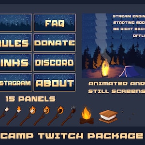Camp Night Twitch Package Animated Screens, Sub Bit Emote Twitch Badges, Overlays, and Panels