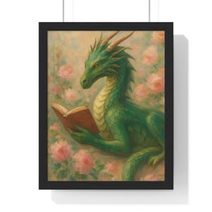 Dragon Bookworm Vertical Framed Poster, Whimsical Floral Wall Art, Fantasy Home Decor, Literary Print, Unique Gift