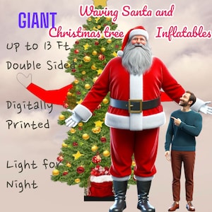 Waving Santa & Christmas Tree Inflatable – Outdoor Holiday Advertising – Customizable 6ft to 13ft Air Blown Characters