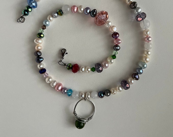 Pearl and Crystal beaded necklace with Jade charm