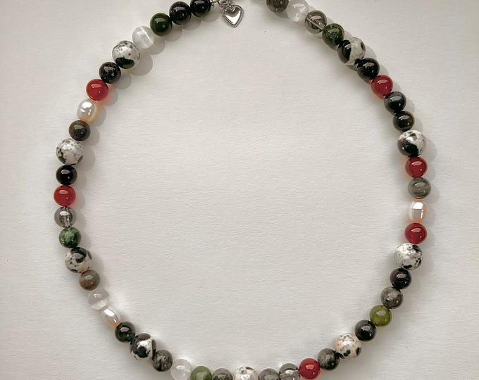 Pearl and Gemstone beaded necklace heart charm healing crystals