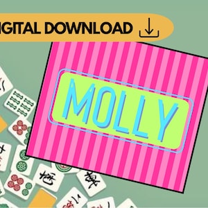 May include: A digital download graphic with the word "MOLLY" in blue letters on a green background, framed by a light blue border, set against a pink striped background. Mahjong tiles are scattered around the graphic.