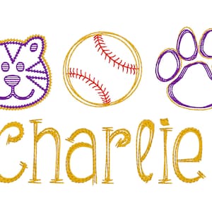 May include: Embroidered design featuring a purple tiger face, a baseball, a purple paw print, and the name "Charlie" in gold.