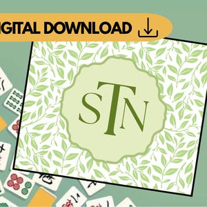 May include: Digital download graphic with the text "DIGITAL DOWNLOAD" in a yellow banner. The image features a green and white floral design with the letters "STN" in a light green circle. Mahjong tiles are scattered around the image.